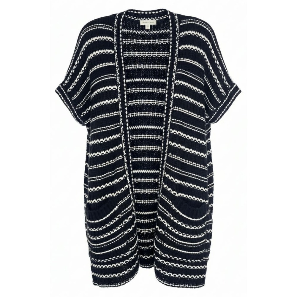 Anthropologie‎ Silence + Noise Cardigan M Black White Open Striped Short Sleeve
